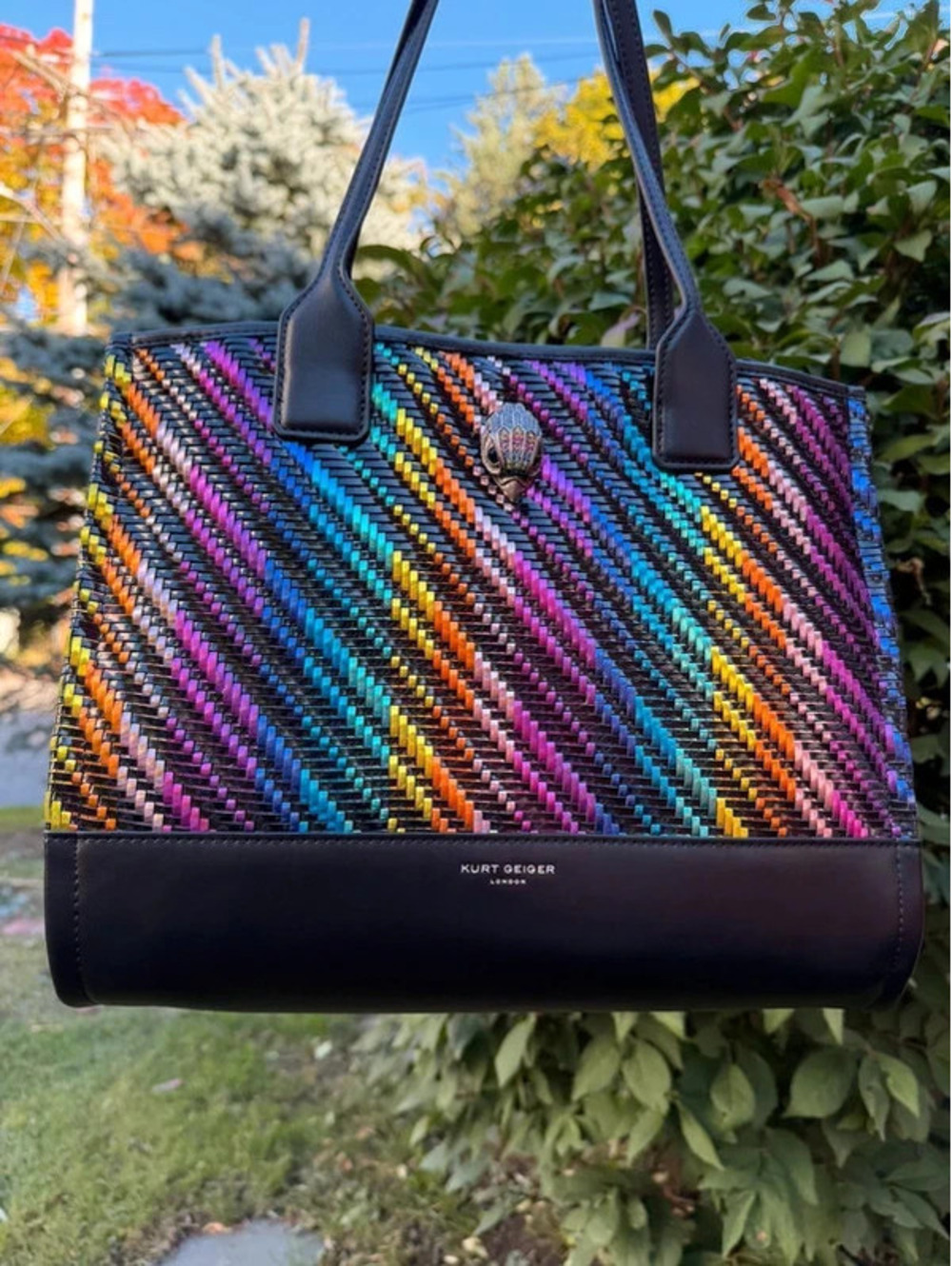 Kurt Geiger Small Kensington Square Tote Rainbow Woven Bag NWT